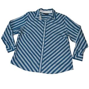 Jones New York Button‎ Down Long Sleeve Stripes Teal/White Size 2X